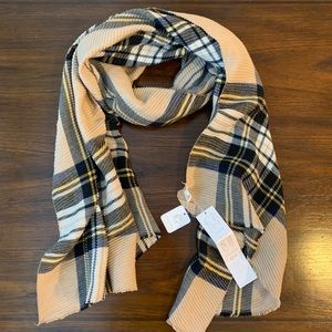 Tan, navy and yellow plaid scarf